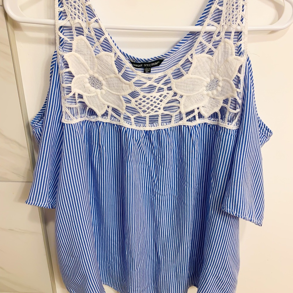Unique Spectrum Womens Blue Striped Lace Cold Shoulder Blouse